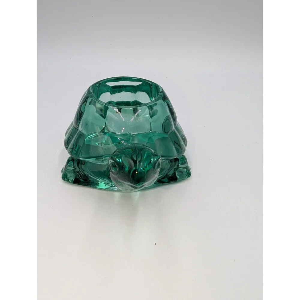 Vintage Indiana Glass Turtle Votive Holder Teal Green Figurine Trinket Dish